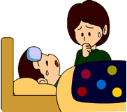 発熱した子供と母親のイラスト