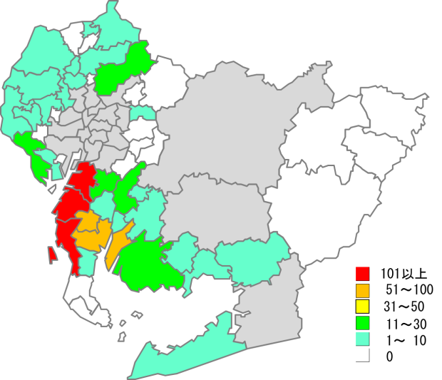 愛知県における平成17年～28年10月までの市町村別セアカゴケグモ発見件数