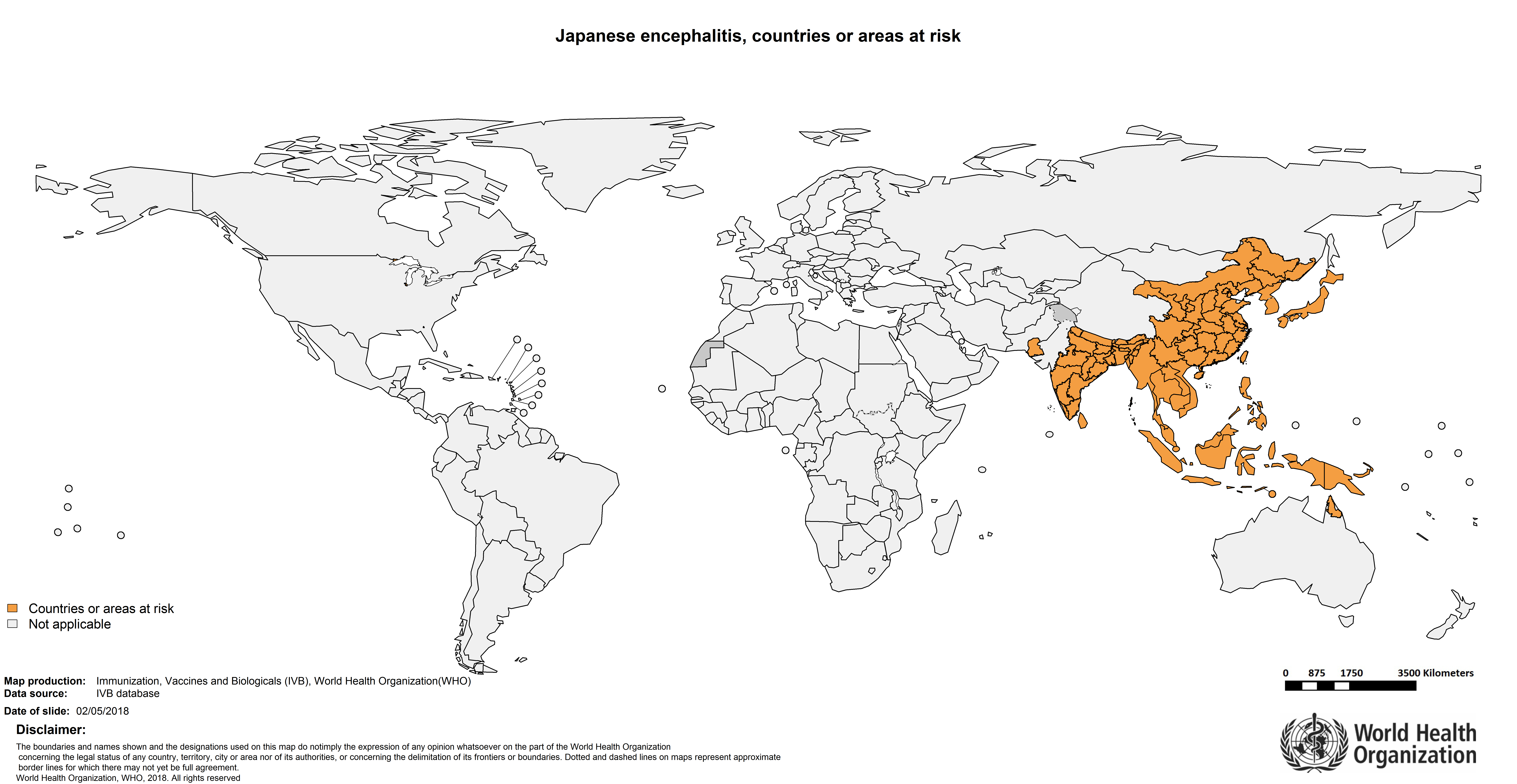 日本脳炎の感染リスクがある地域の地図