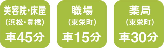 美容床屋車で45分、職場車で15分、薬局車で30分 スマートフォン用