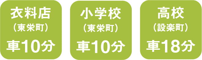 衣料店車で10分、小学校車で10分、高校車で18分 スマートフォン用