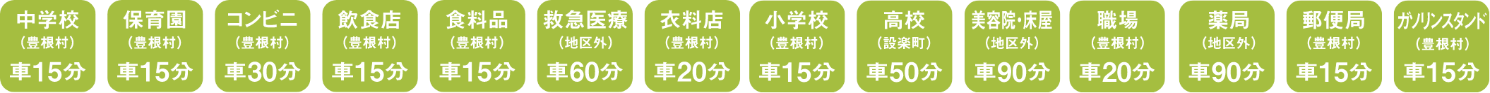 中学校車で15分、保育園車で15分、コンビニ車で30分、飲食店車で15分、食料品車で15分、救急医療車で60分、衣料店車で20分、小学校車で15分、高校車で50分、美容床屋車で90分、職場車で20分、薬局車で90分、郵便局車で15分、ガソリンスタンド車で15分