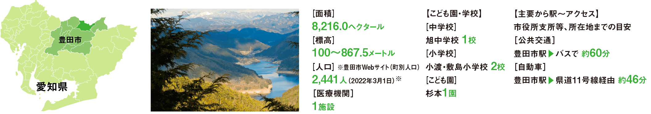 豊田市の水源、矢作ダムがあり、川、山、高原そして温泉郷の写真