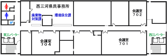 西三河総合庁舎７階には、西三河県民事務所環境保全課、廃棄物対策課、会議室７０１、７０２、７０４があります。