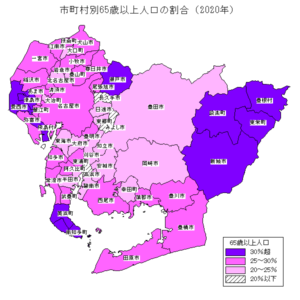 市町村別65歳以上人口の割合(2020年)