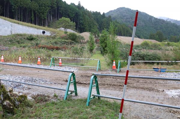大名倉地区内をまっすぐ緑の軌道敷が伸びる様子