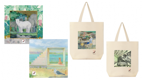 県内観光施設をテーマとしたアート作品がプリントされたトートバックとウォッシュタオル