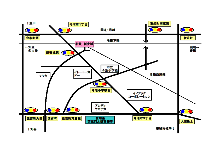 事務所案内図、名鉄新安城駅南約1kmです。