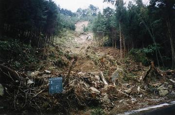 災害で山腹が崩壊しています。