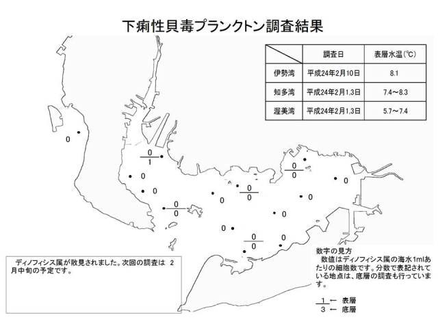 下痢性貝毒原因プランクトン調査結果（平成24年2月10日） 