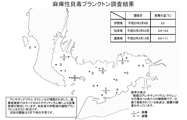 麻痺性貝毒原因プランクトン調査結果（平成25年3月5日） 